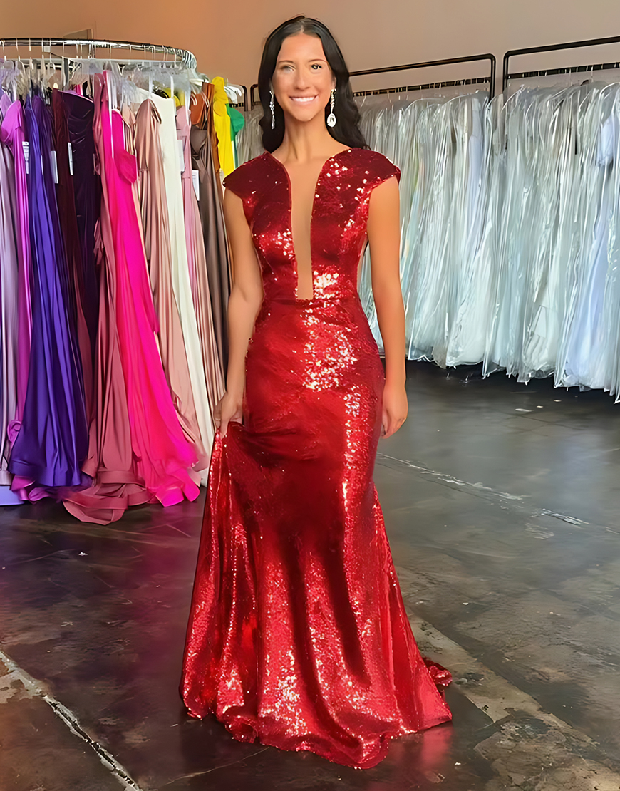 Sparkly Silver Sequin Mermaid V-Neck Cap Sleeves Long Prom Dress