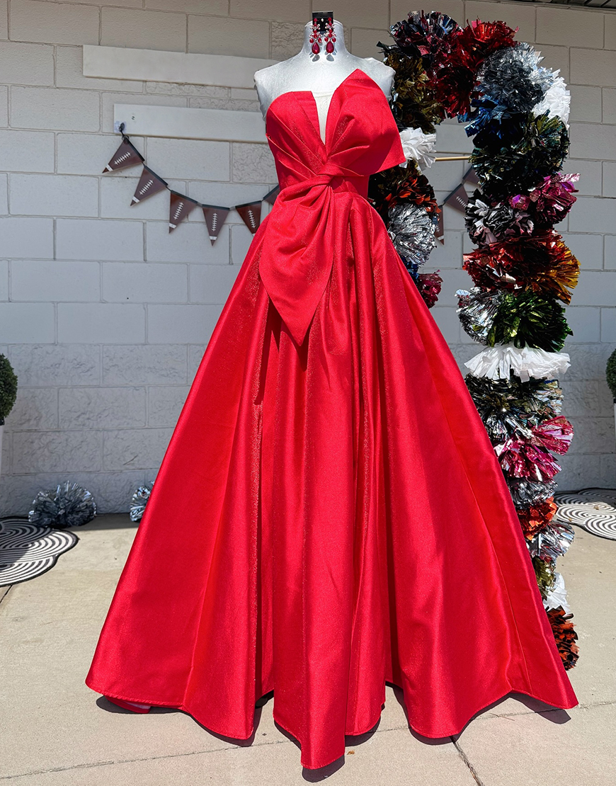 Simple Red Strapless A-Line Satin Long Prom Dress with Bow