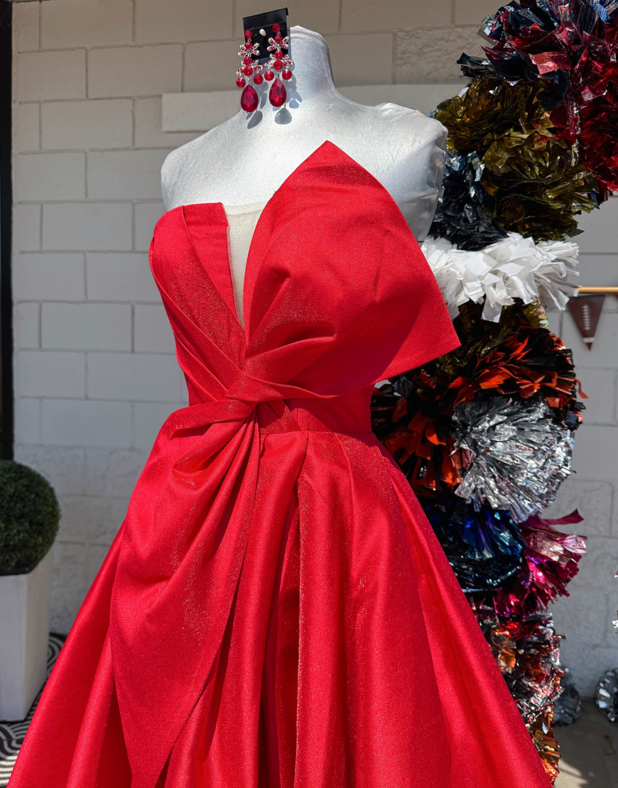Simple Red Strapless A-Line Satin Long Prom Dress with Bow