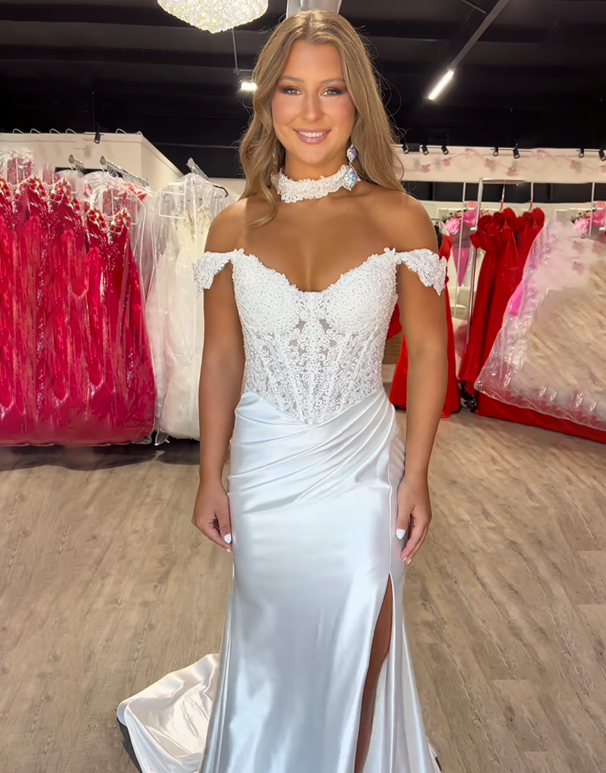 White Off the Shoulder Detachable Cape Mermaid Long Satin Prom Dress with Slit