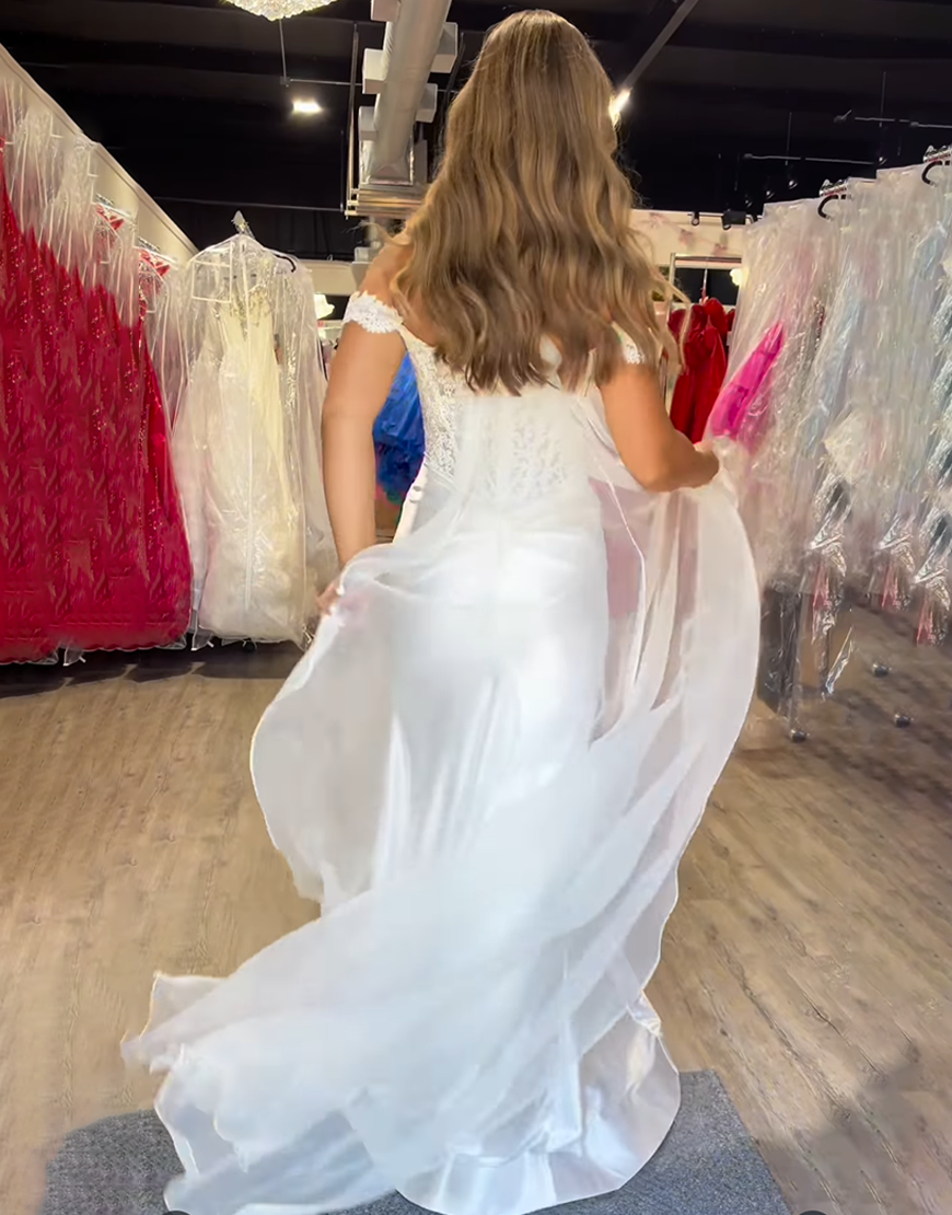 White Off the Shoulder Detachable Cape Mermaid Long Satin Prom Dress with Slit