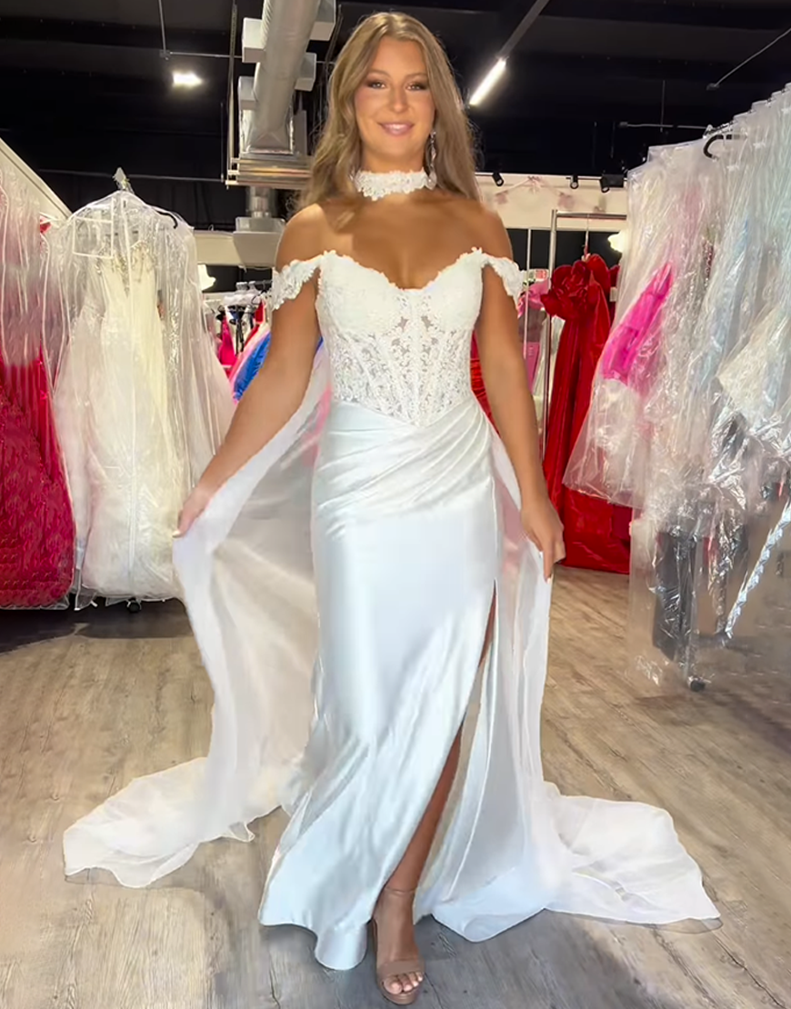 White Off the Shoulder Detachable Cape Mermaid Long Satin Prom Dress with Slit