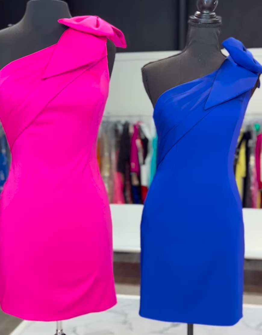 Fuchsia One Shoulder Tight Short Satin Homecoming Dress with Bow