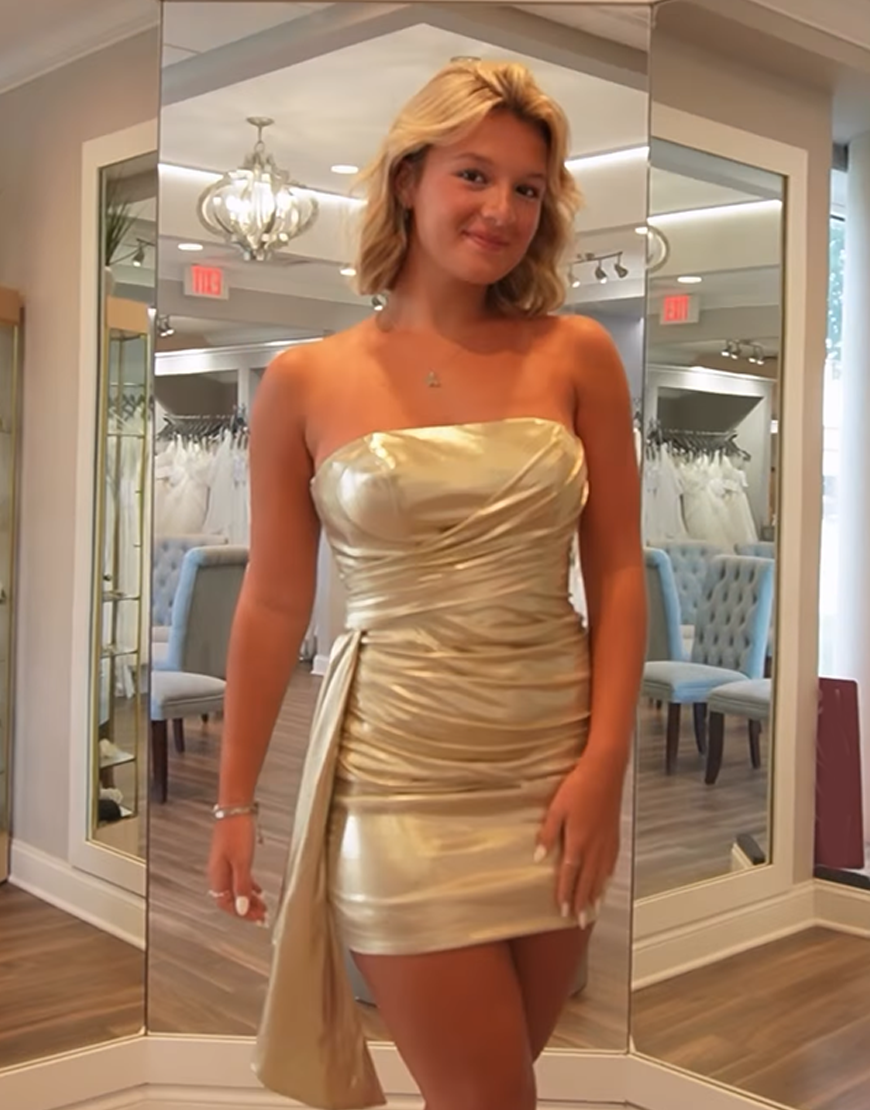 Sparkly Gold Strapless Short Metallic Tight Homecoming Dress with Side Cape