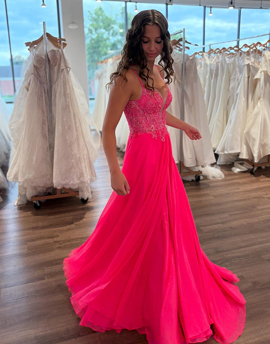 Coral A-Line Spaghetti Straps Chiffon Long Corset Prom Dress with Appliques