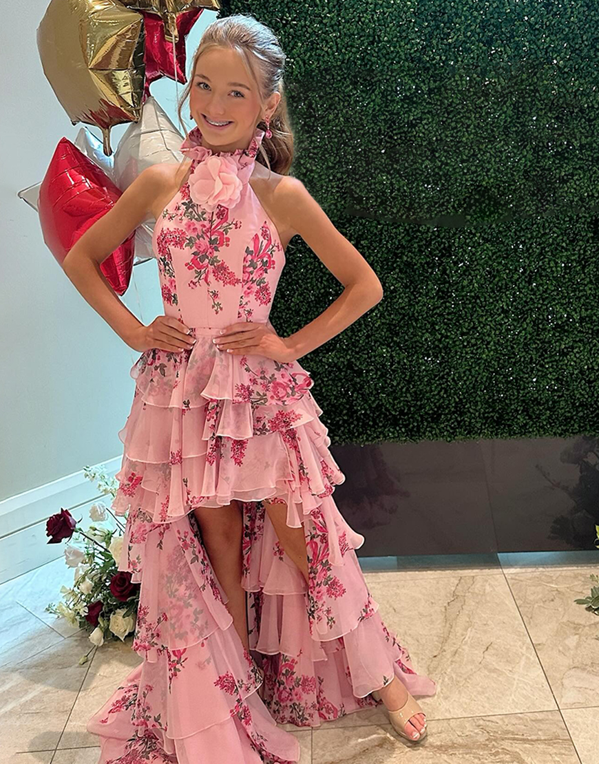 Pink Floral A-Line High Neck Ruffled High Low Prom Dress with 3D Flower
