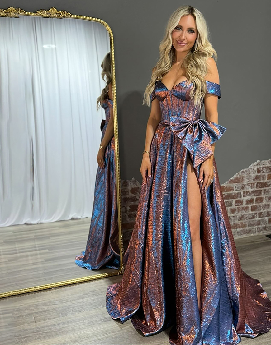 Berlinnova Women Sparkly Blue Long Metallic Prom Dress with Bow A-Line Off the Shoulder Corset Gala Dress