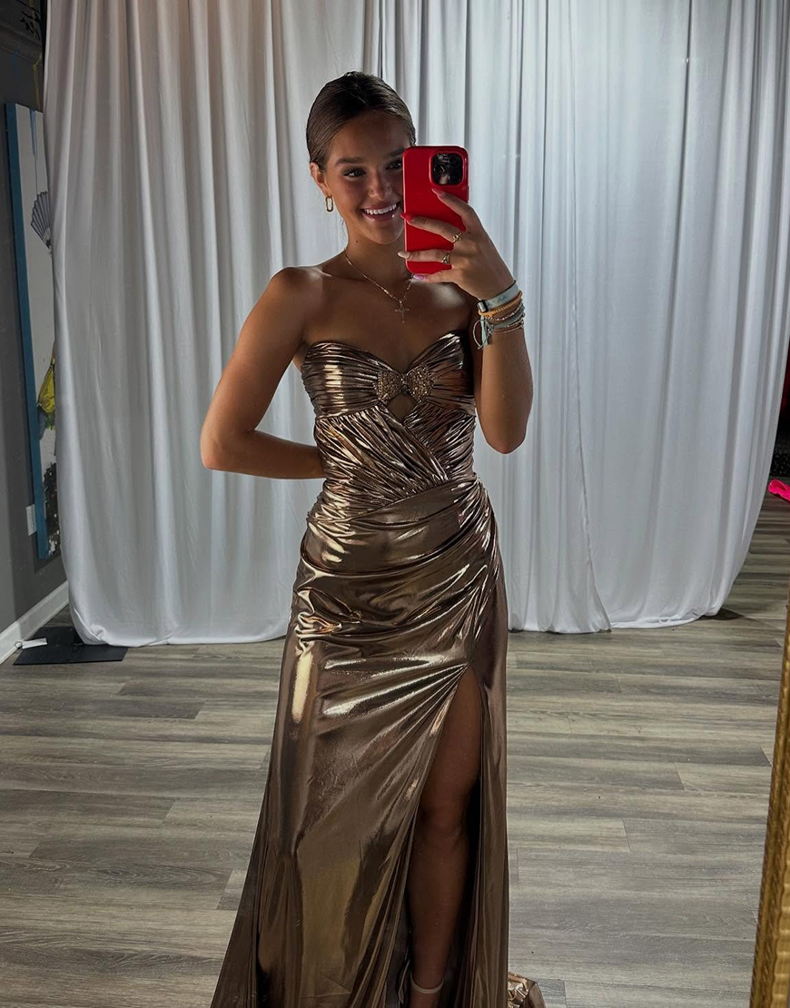 Sparkly Gold Mermaid Sweetheart Metallic Ruched Long Prom Dress with Slit