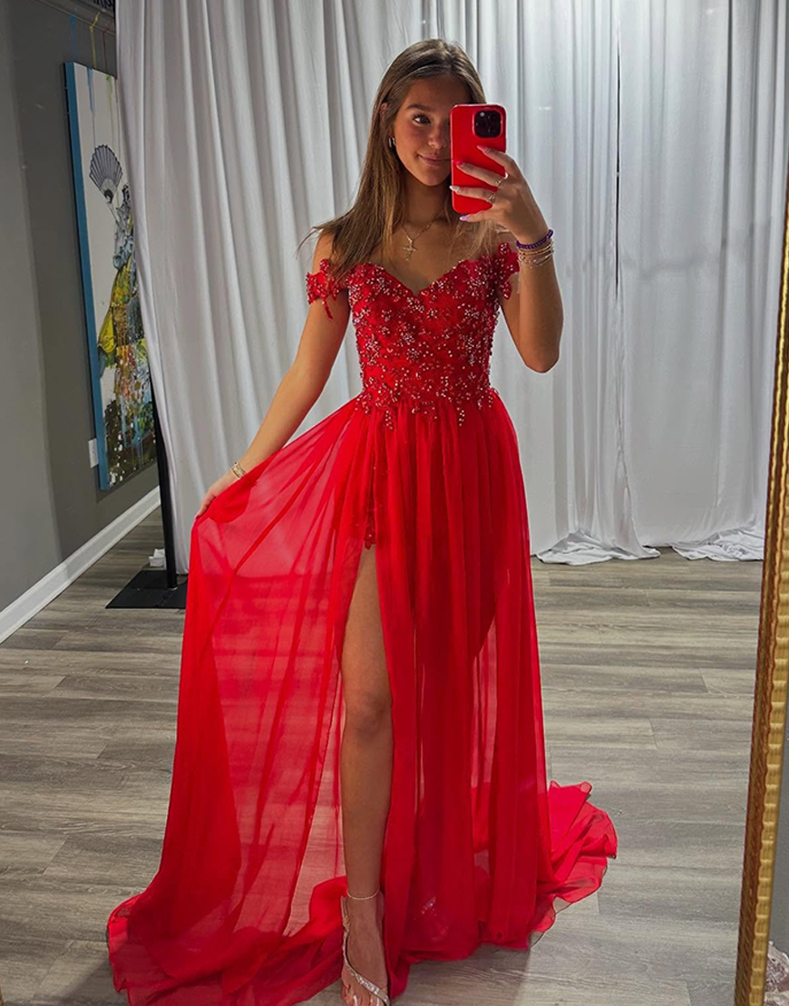 Sparkly Red A-Line Off the Shoulder Chiffon Long Prom Dress with Beading