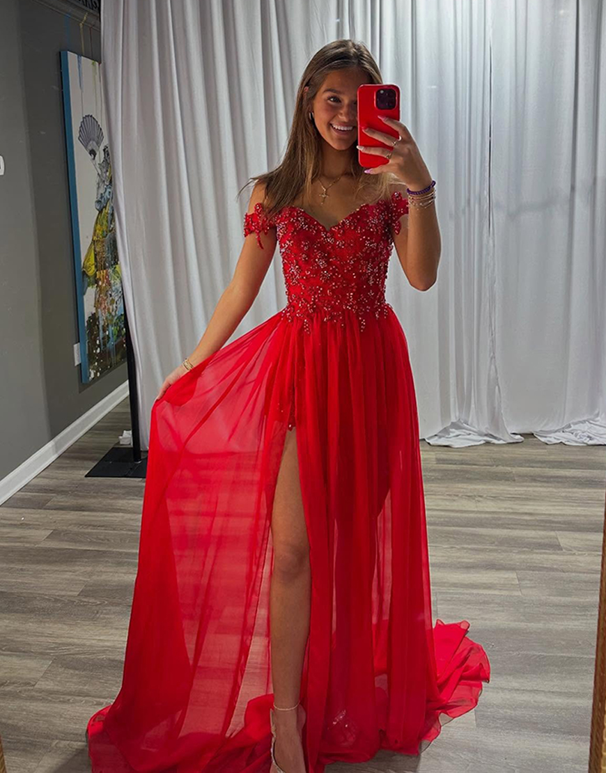 Berlinnova Women Sparkly Red A Line Long Prom Dress with Beading Off the Shoulder Chiffon Formal Dress