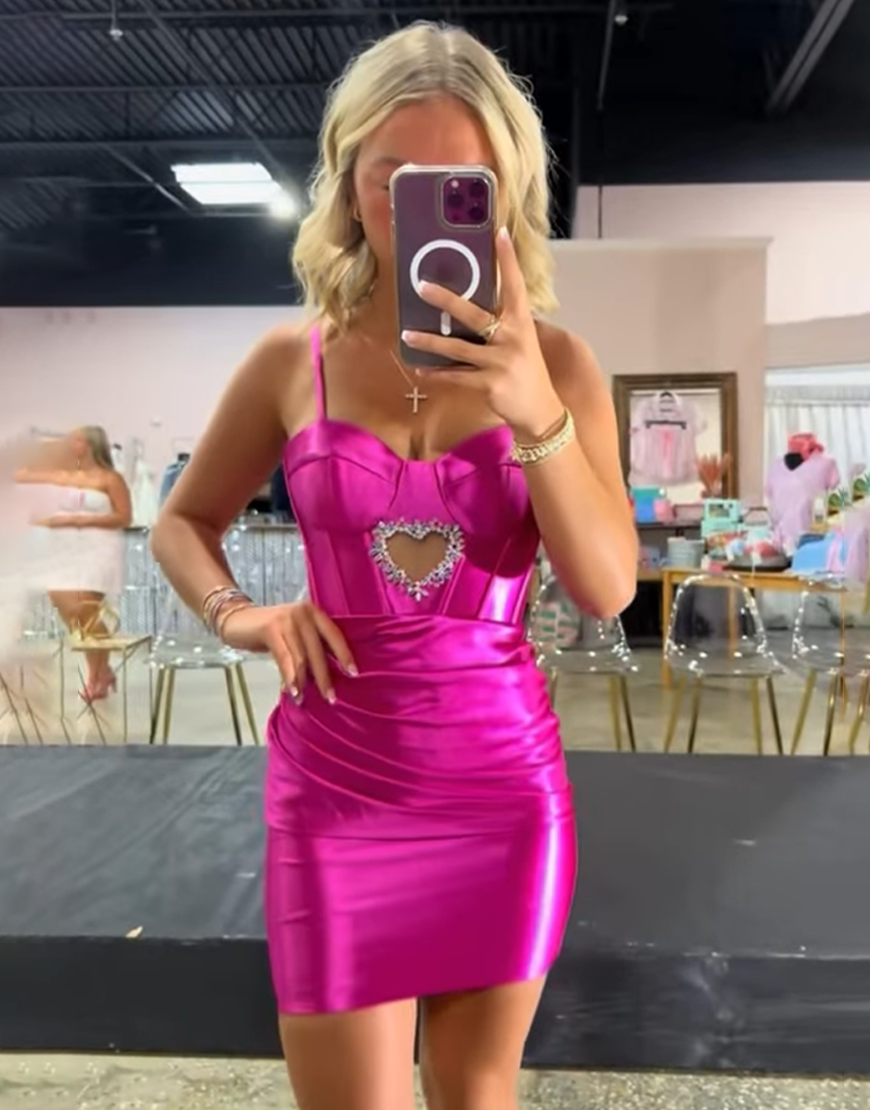 Sparkly Fuchsia Spaghetti Straps Corset Tight Short Satin Homecoming Dress with Beading