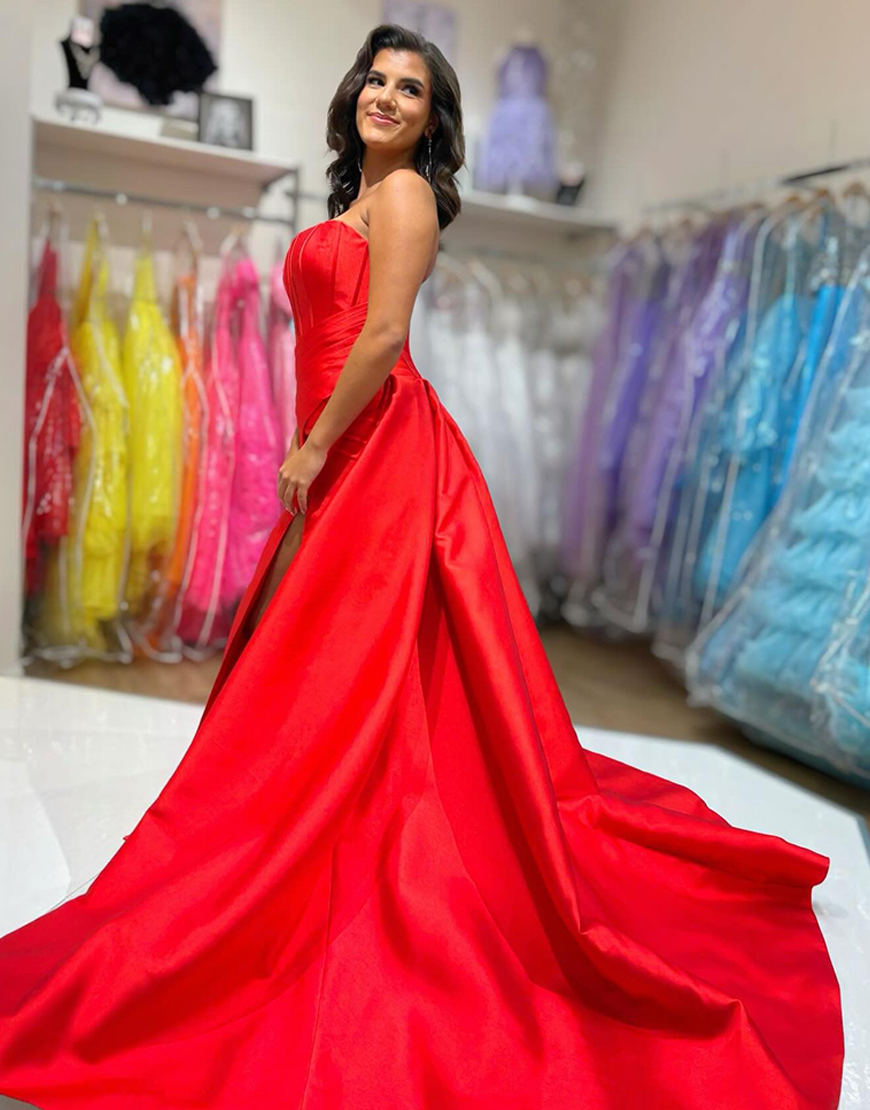 Red Strapless A-Line Long Satin Corset Prom Dress with Cape