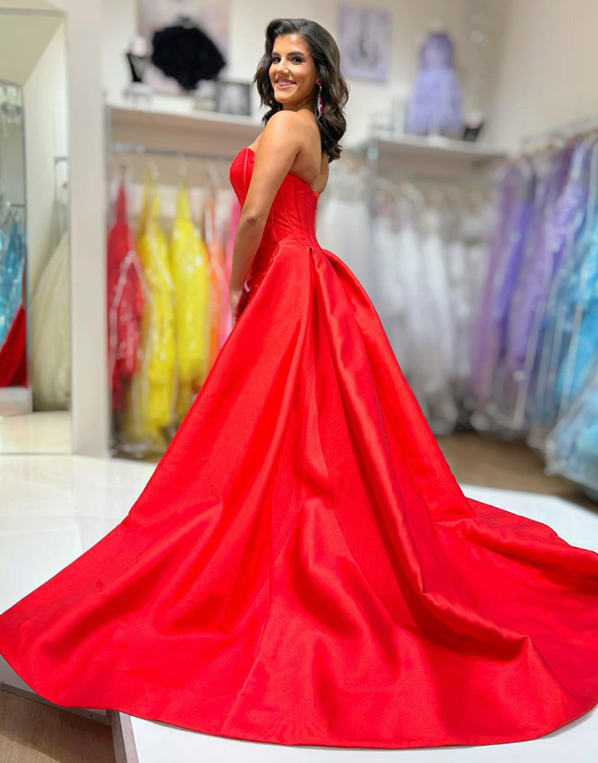 Red Strapless A-Line Long Satin Corset Prom Dress with Cape