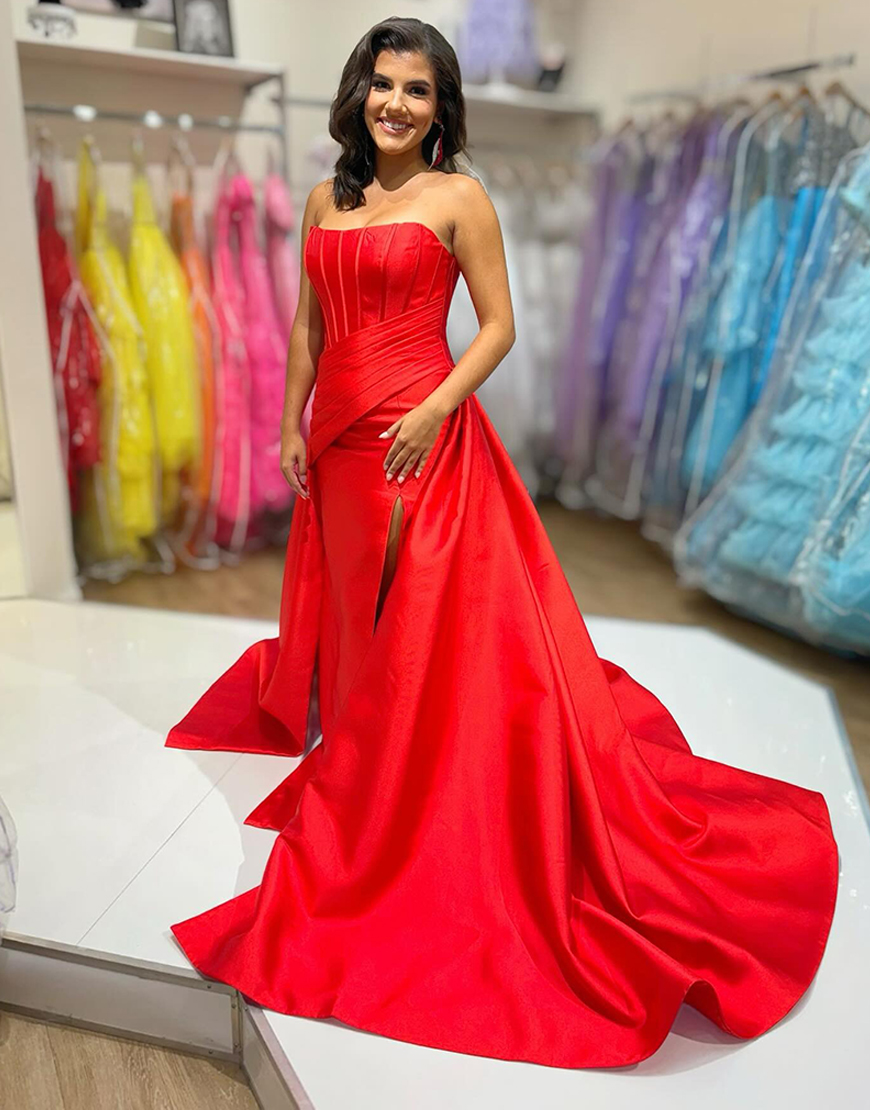 Red Strapless A-Line Long Satin Corset Prom Dress with Cape
