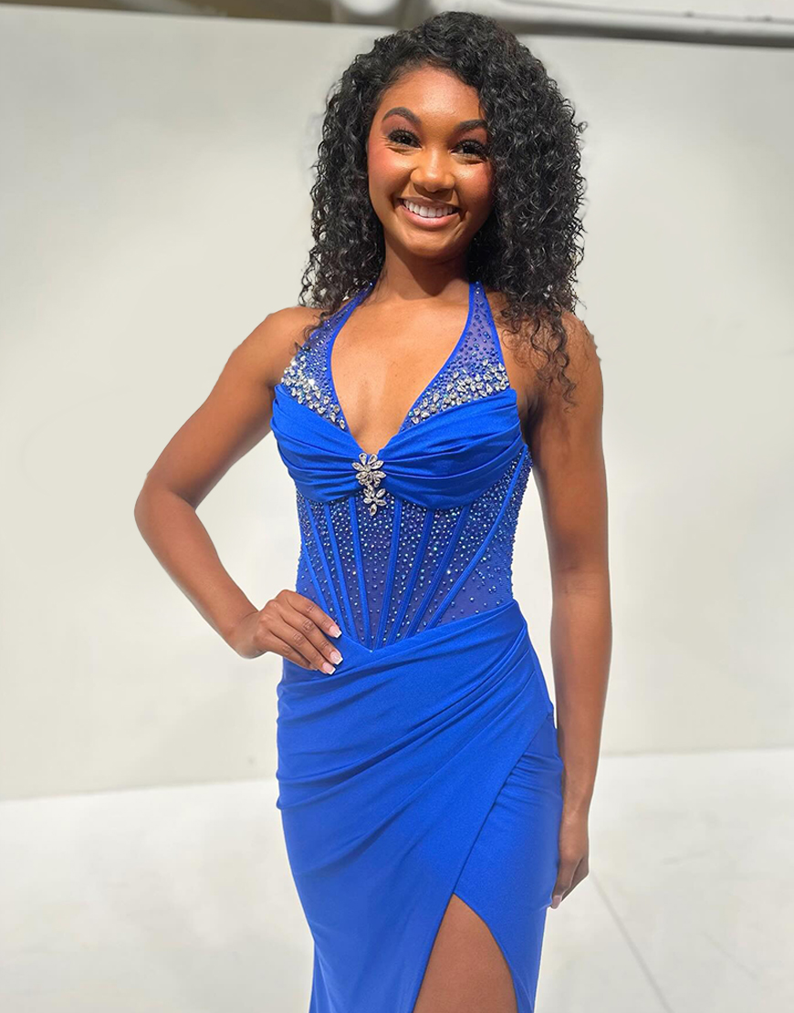 Sparkly Royal Blue Halter Mermaid Long Satin Corset Prom Dress with Beading