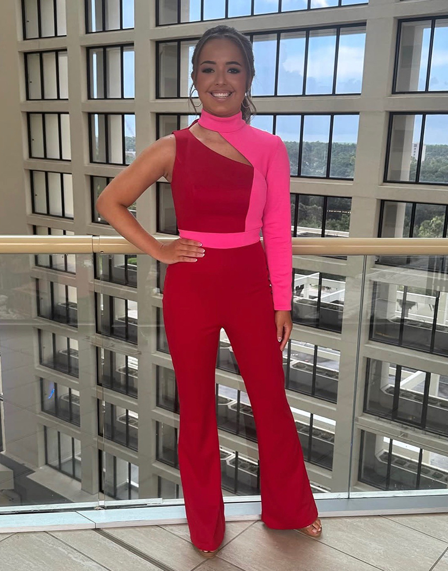 Berlinnova Women Dark Red Long Satin Prom Jumpsuits High Neck Pageant Jumpsuits with Sleeves