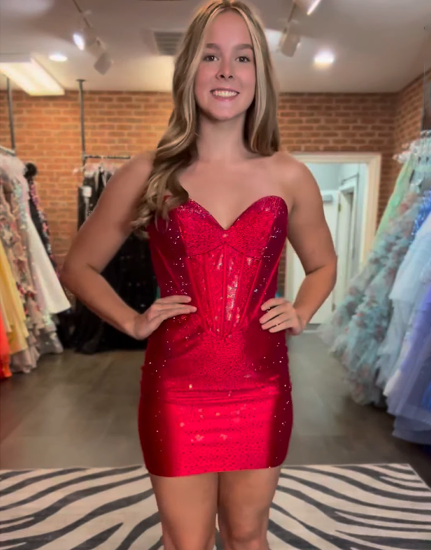 Sparkly Red Sweetheart Corset Tight Short Satin Homecoming Dress with Beading