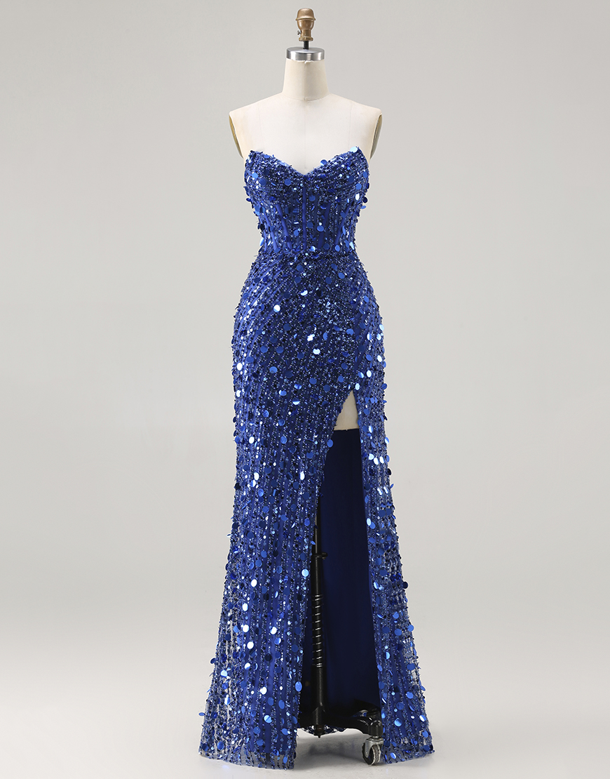 Sparkly Gold Sweetheart Sheath Corset Sequin Long Prom Dress with Slit