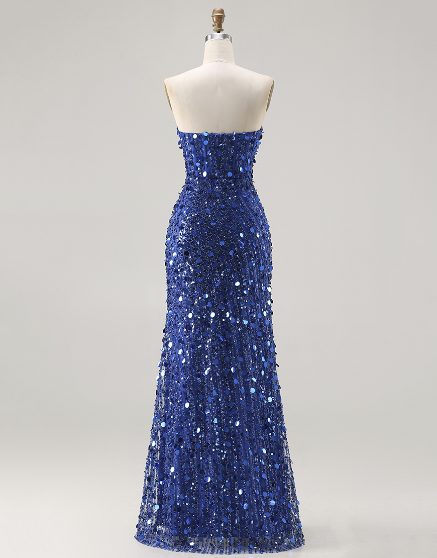 Sparkly Gold Sweetheart Sheath Corset Sequin Long Prom Dress with Slit