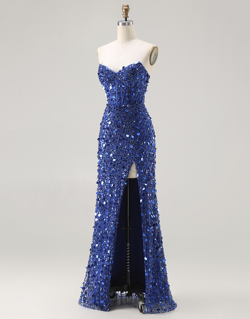 Sparkly Gold Sweetheart Sheath Corset Sequin Long Prom Dress with Slit