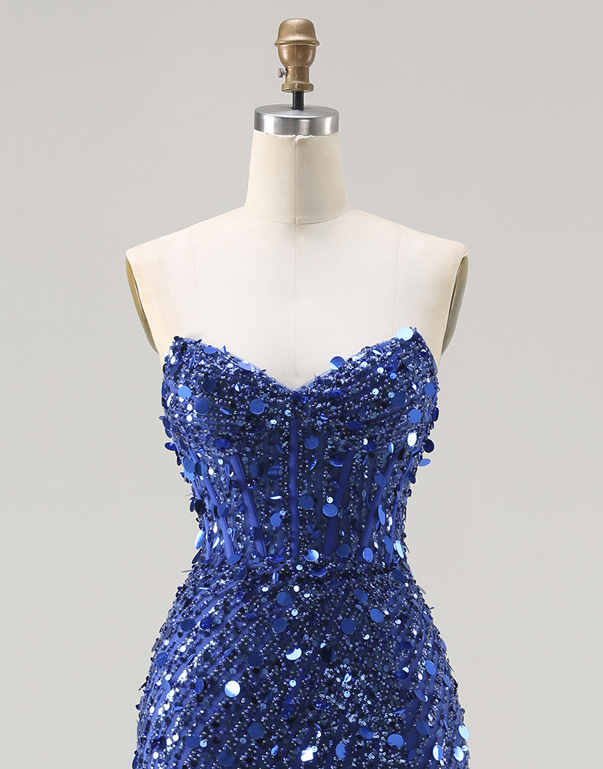 Sparkly Gold Sweetheart Sheath Corset Sequin Long Prom Dress with Slit