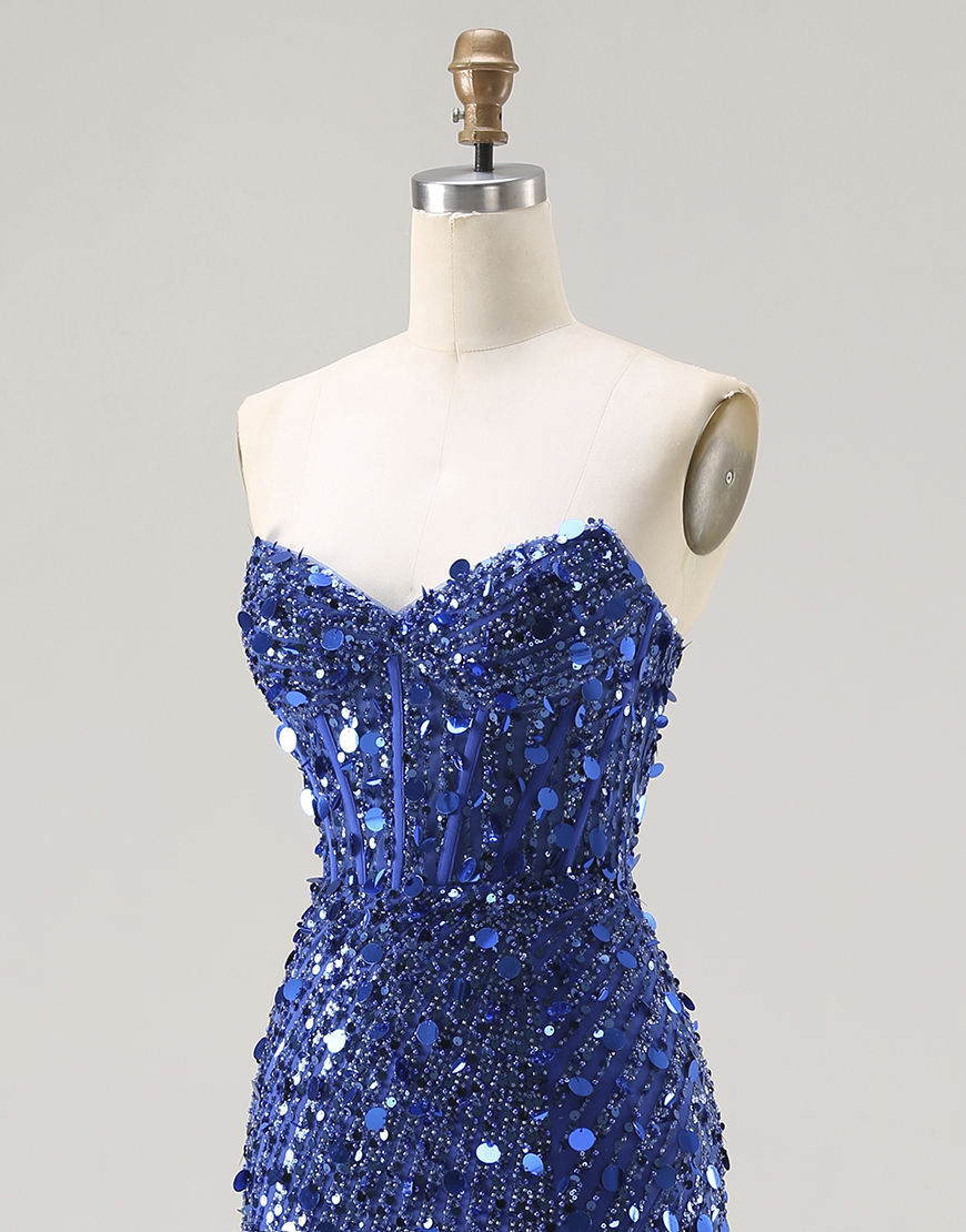 Sparkly Gold Sweetheart Sheath Corset Sequin Long Prom Dress with Slit