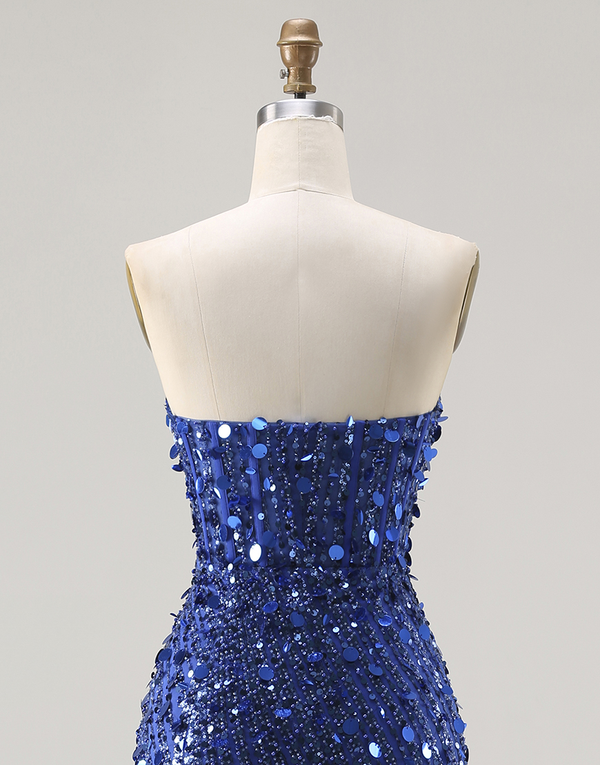 Sparkly Gold Sweetheart Sheath Corset Sequin Long Prom Dress with Slit