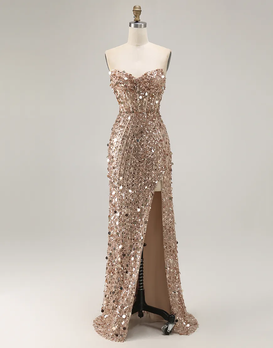 Sparkly Silver Mermaid Sequin Long Corset Prom Dress with Slit