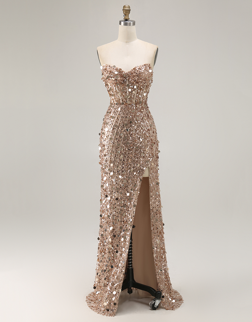 Sparkly Gold Sweetheart Sheath Corset Sequin Long Prom Dress with Slit