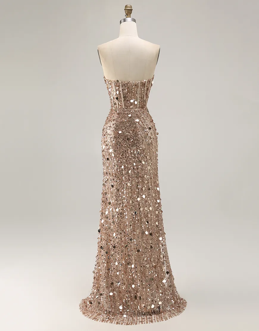 Sparkly Silver Mermaid Sequin Long Corset Prom Dress with Slit