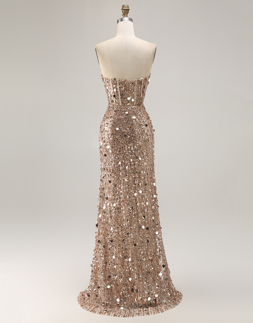 Sparkly Gold Sweetheart Sheath Corset Sequin Long Prom Dress with Slit