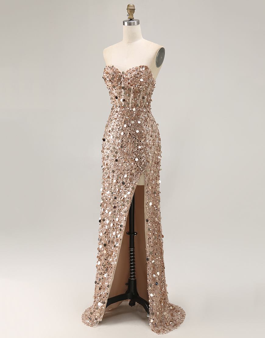 Sparkly Gold Sweetheart Sheath Corset Sequin Long Prom Dress with Slit