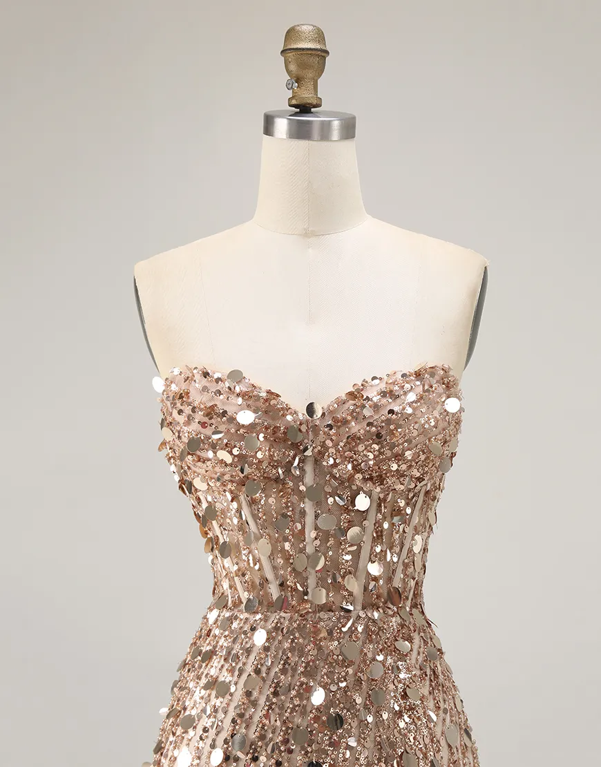 Sparkly Silver Mermaid Sequin Long Corset Prom Dress with Slit