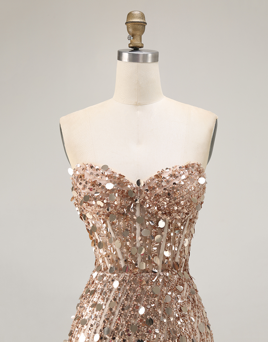 Sparkly Gold Sweetheart Sheath Corset Sequin Long Prom Dress with Slit