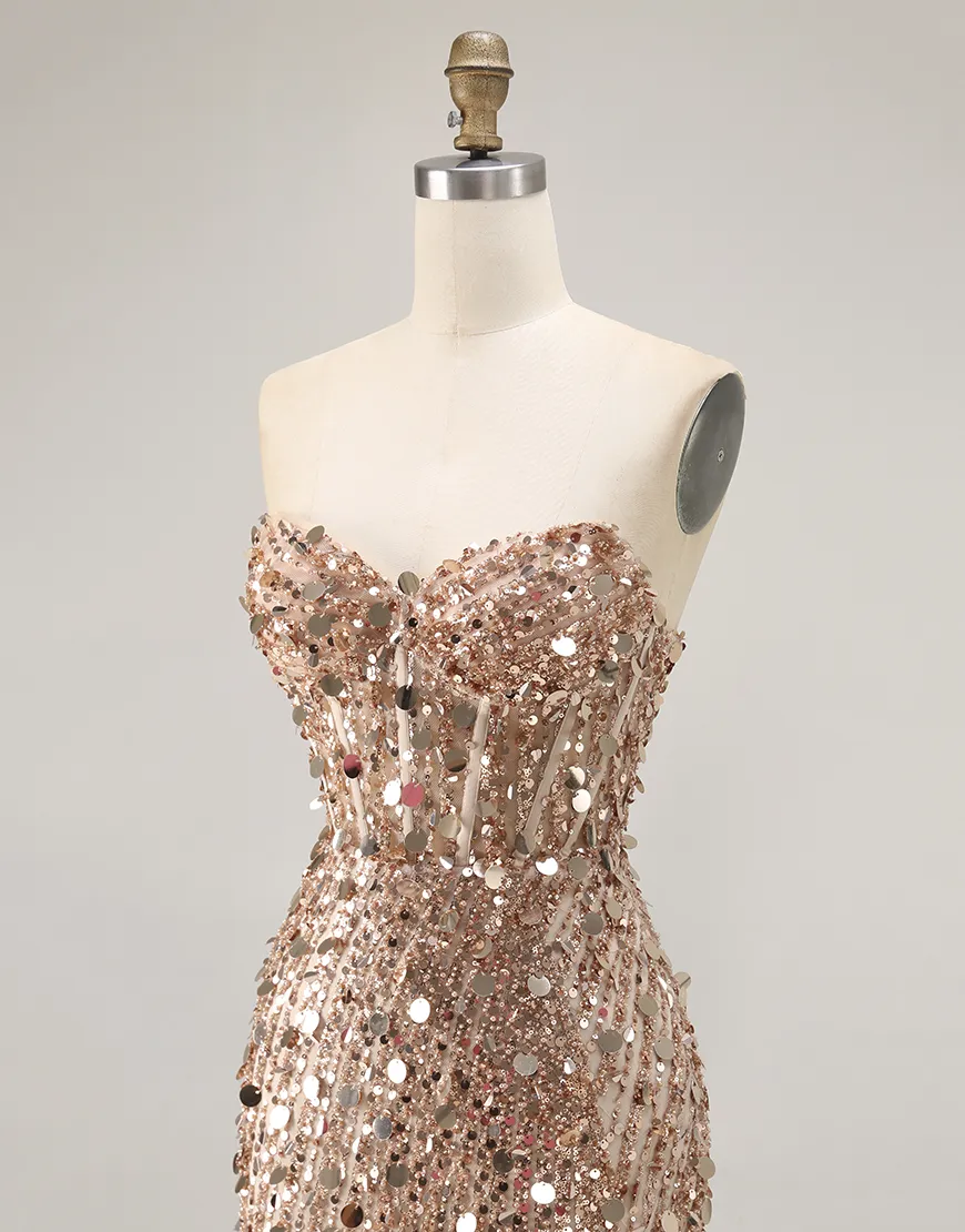 Sparkly Silver Mermaid Sequin Long Corset Prom Dress with Slit