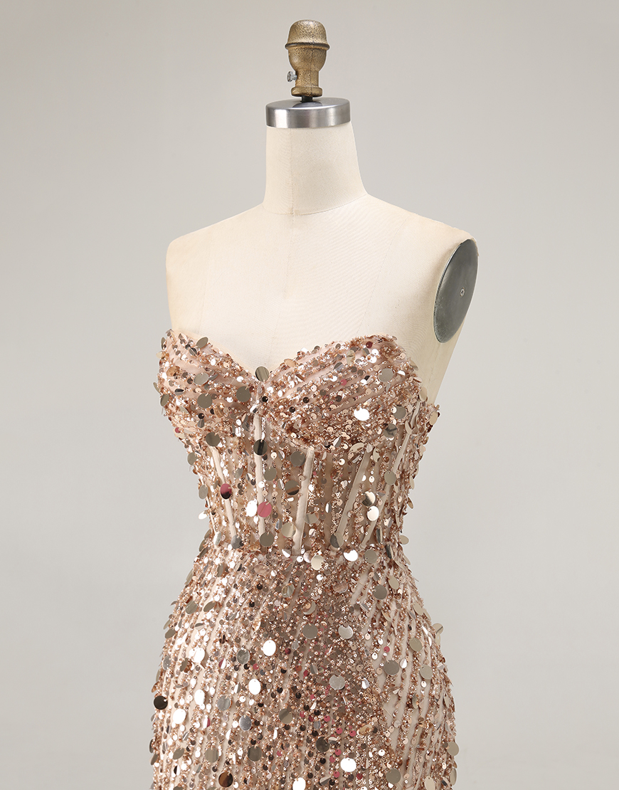 Sparkly Gold Sweetheart Sheath Corset Sequin Long Prom Dress with Slit