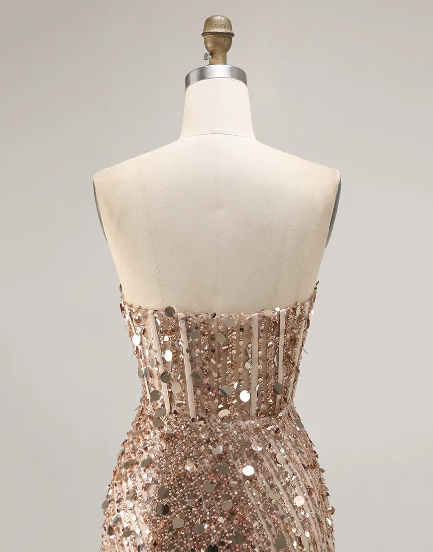 Sparkly Silver Mermaid Sequin Long Corset Prom Dress with Slit