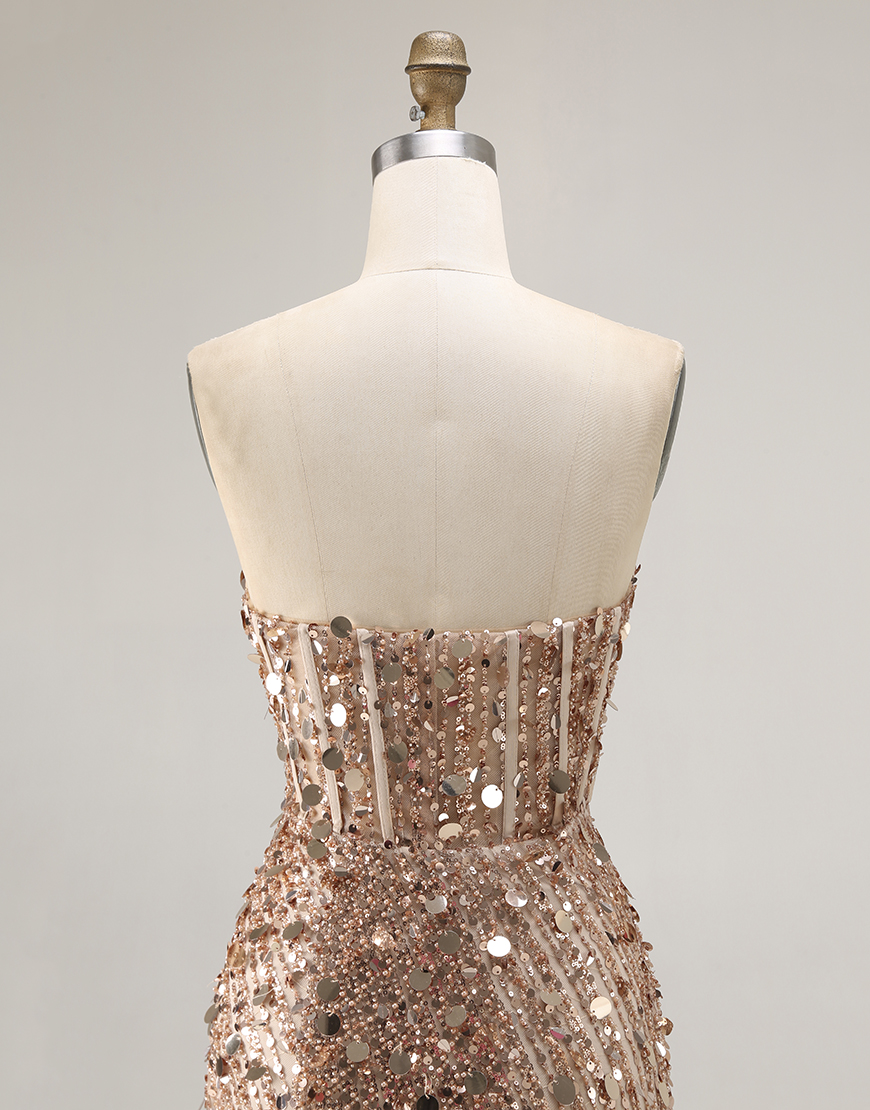 Sparkly Gold Sweetheart Sheath Corset Sequin Long Prom Dress with Slit