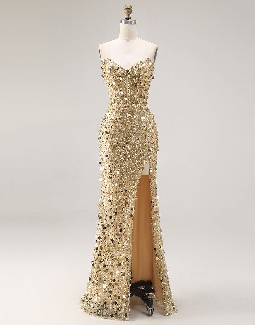 Berlinnova Women Sparkly Golden Sequin Long Corset Prom Dress with Slit Strapless Mermaid Gala Dress