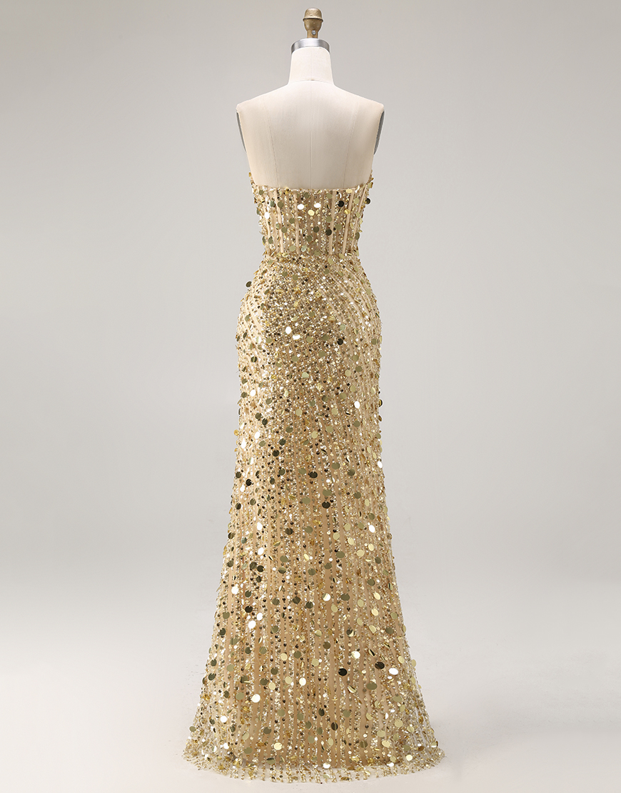 Sparkly Golden Mermaid Long Sequin Corset Prom Dress with Slit