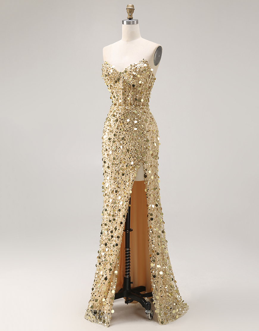 Sparkly Golden Mermaid Long Sequin Corset Prom Dress with Slit