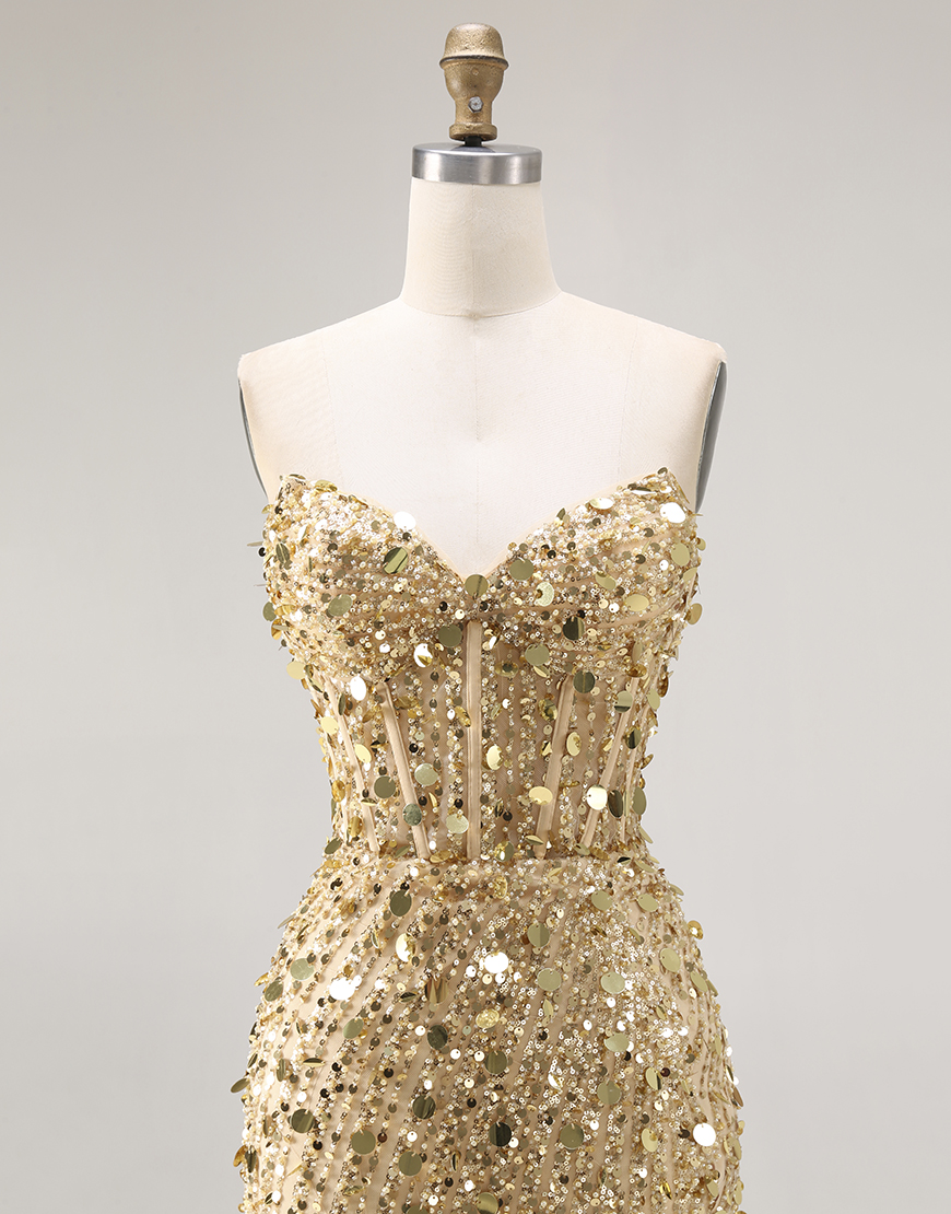 Sparkly Golden Mermaid Long Sequin Corset Prom Dress with Slit