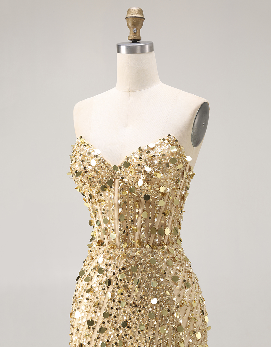 Sparkly Golden Mermaid Long Sequin Corset Prom Dress with Slit