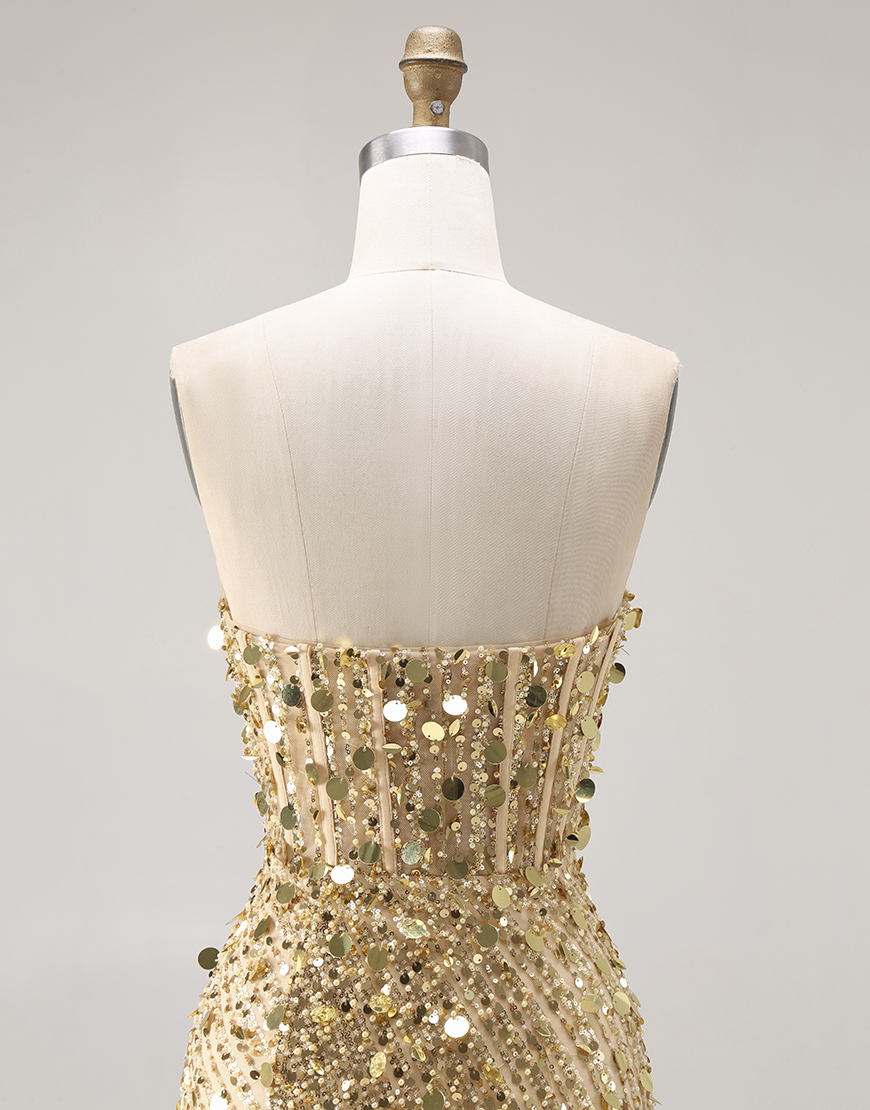 Sparkly Golden Mermaid Long Sequin Corset Prom Dress with Slit