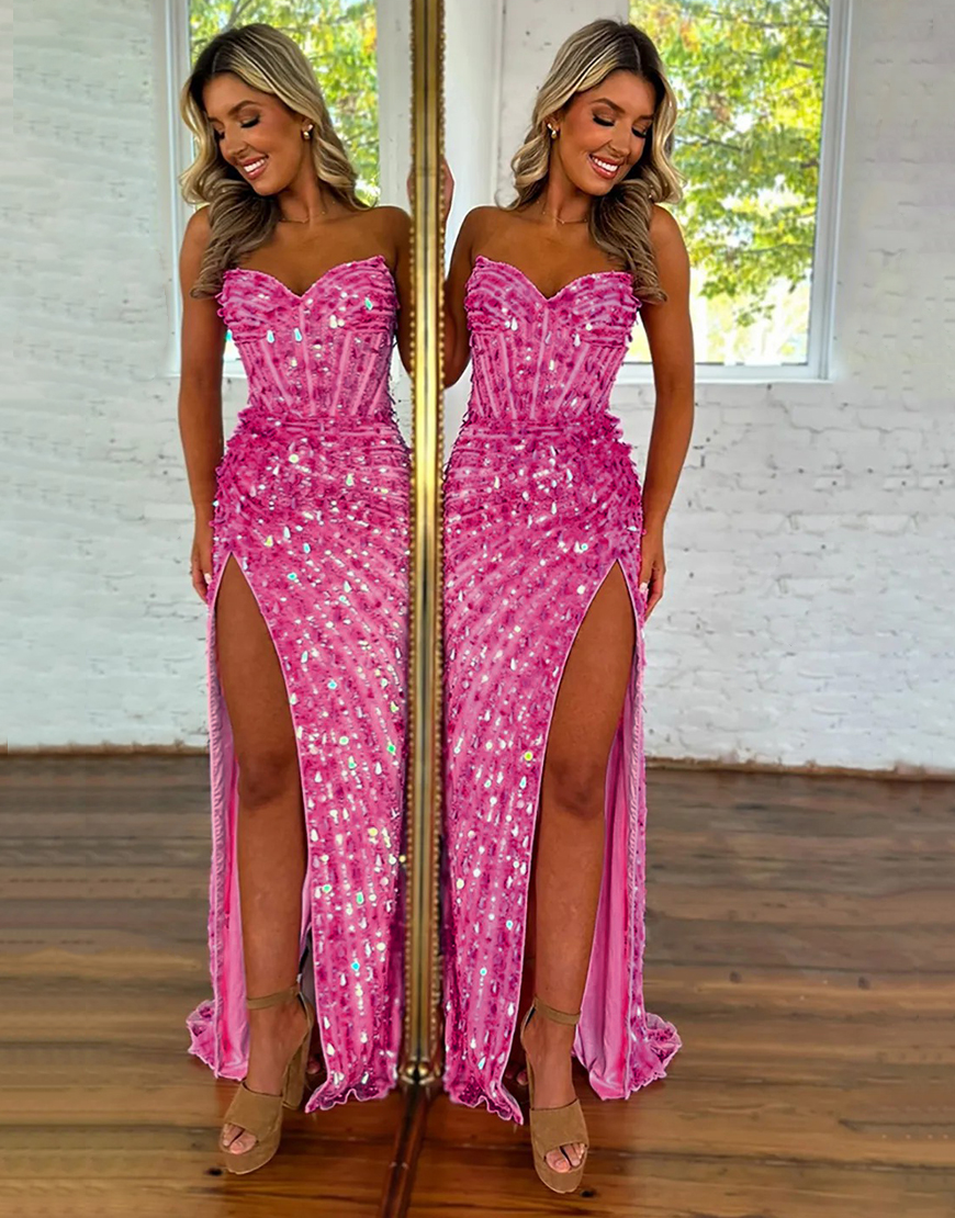 Sparkly Gold Sheath Sequin Corset Long Prom Dress with Slit