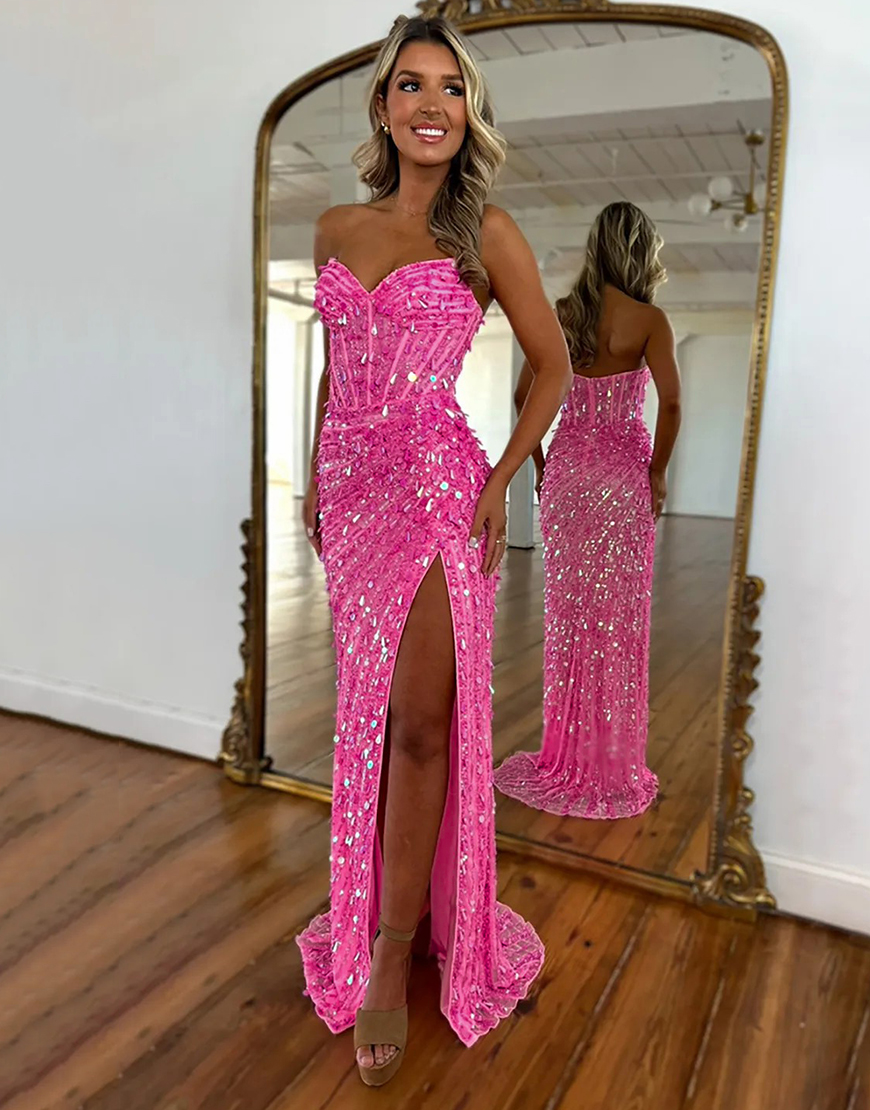 Sparkly Gold Sheath Sequin Corset Long Prom Dress with Slit