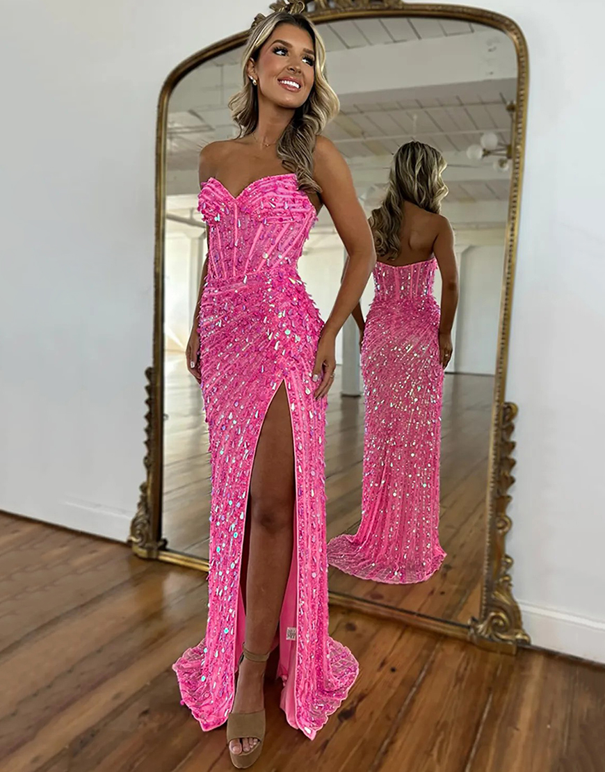 Sparkly Gold Sheath Sequin Corset Long Prom Dress with Slit