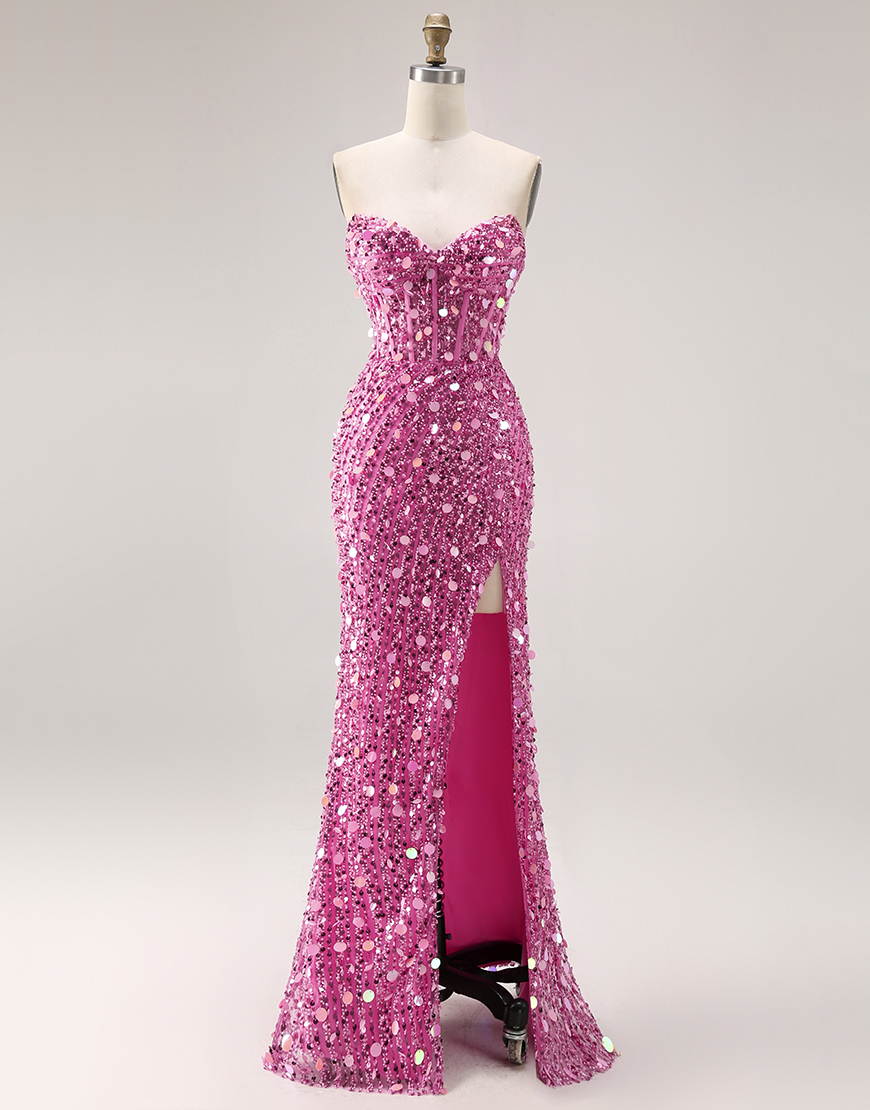 Sparkly Golden Mermaid Long Sequin Corset Prom Dress with Slit