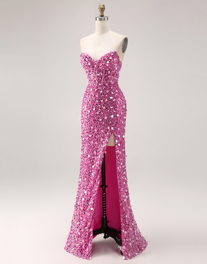 Sparkly Golden Mermaid Long Sequin Corset Prom Dress with Slit