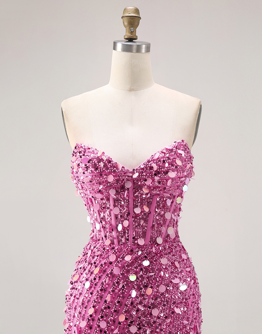 Sparkly Golden Mermaid Long Sequin Corset Prom Dress with Slit